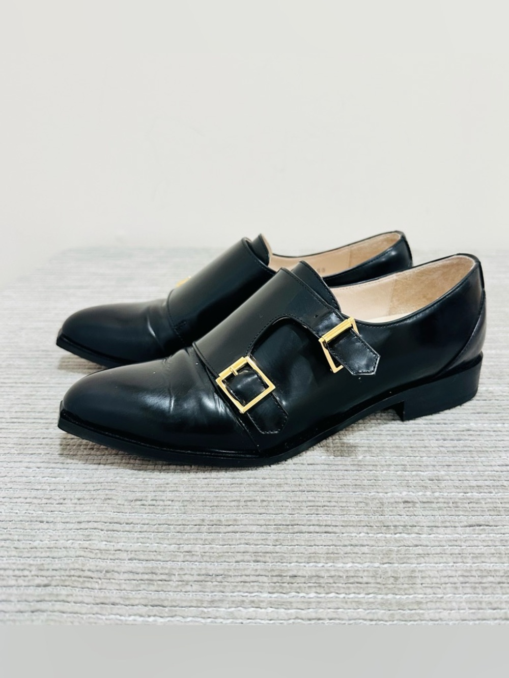 Suecomma Bonnie Black‎ Leather Double Monk Strap Flats Shoes - Size 6